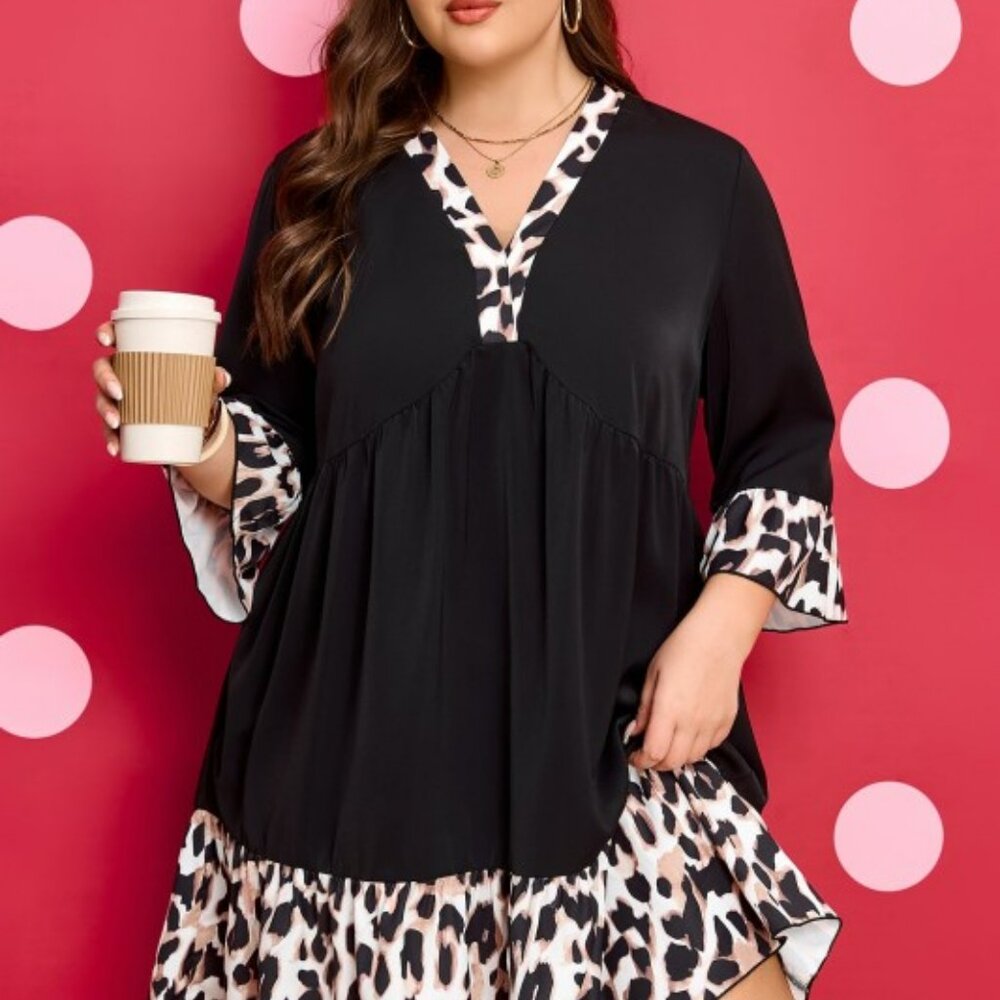 Plus Size Leopard Patchwork V-Neck Ruffle Dress